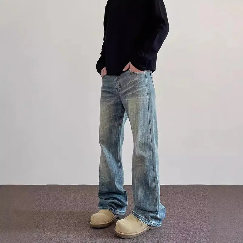 Hiphop Bootcut Jeans Mens Straight Wide-leg Pants New High Street Lightning Ripple Jeans Four Seasons Classic High Quality Pants