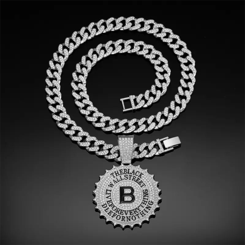 Hip Hop Round B Letter Pendant Necklace Men Gold Sliver Color Ice Out Crystal Sign Rock Pendant Rapper Bling Jewerly
