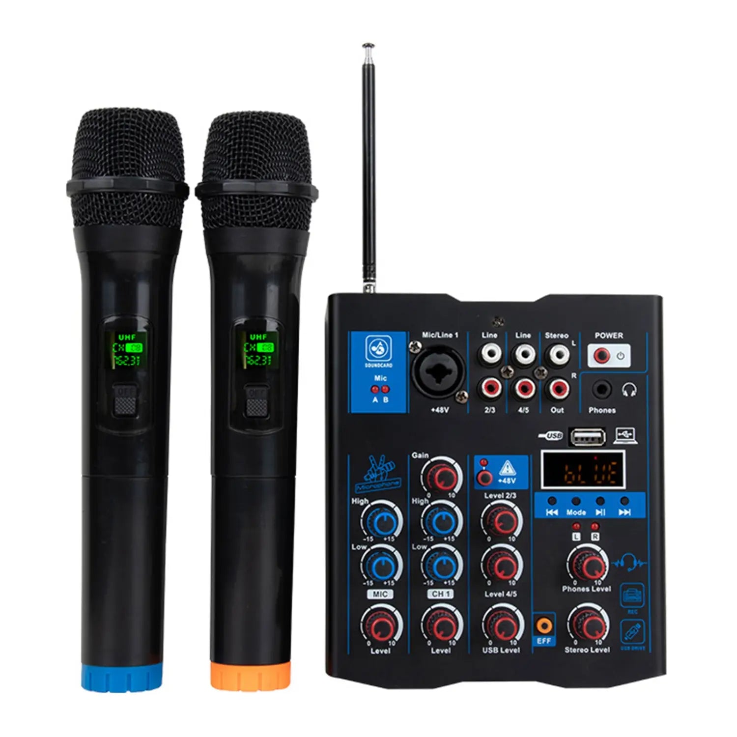 Professional Sound Mixer With Dual Wireless Microphone Sound Board Console System 3 Channel DJ Mixer for DJ Karaoke PC Guitar