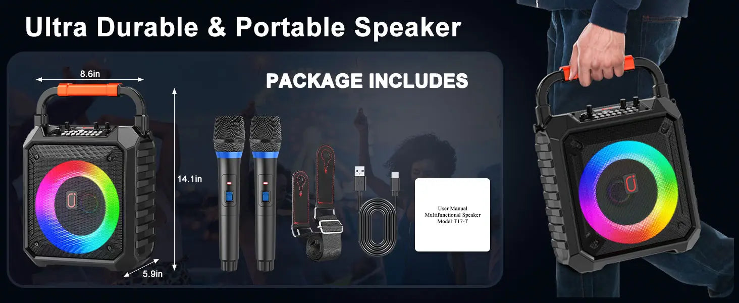 Karaoke Machine with 2 Wireless Microphones Portable Speaker with LED Lights for Kids and Adults Supports Bluetooth/USB/TF/AUX