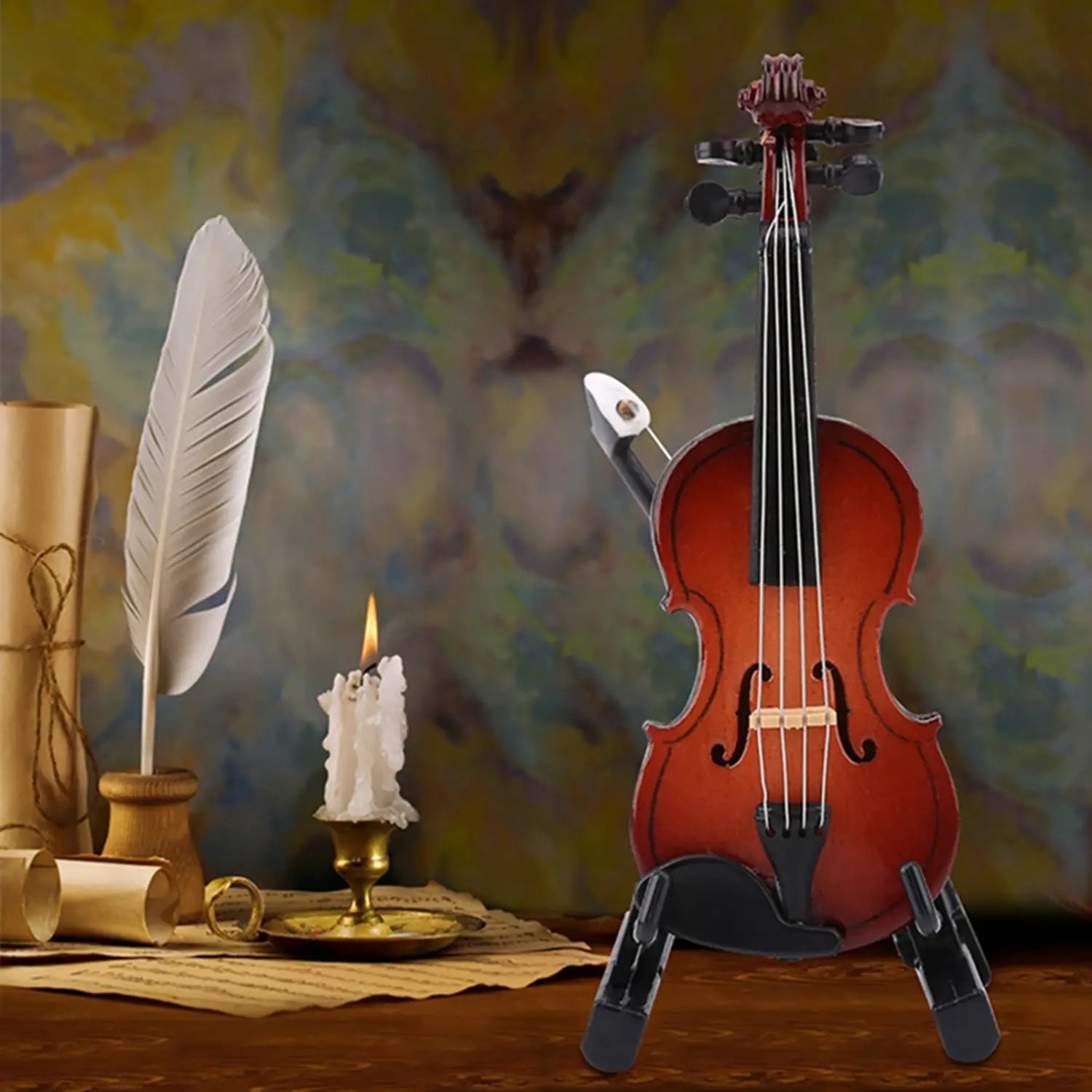 Miniature Violin Model with Stand Case Dollhouse Accessories Mini Musical Instrument Decor Gift