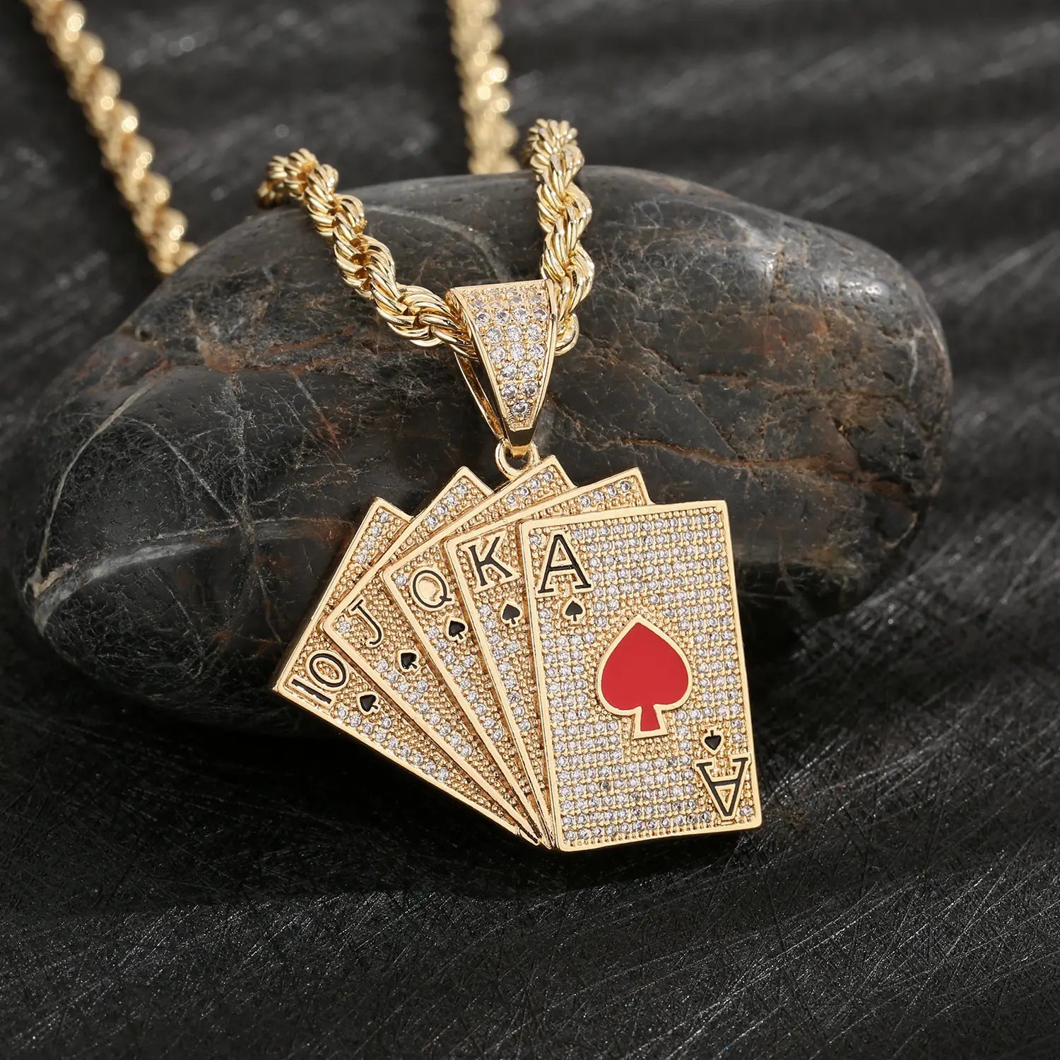 Hiphop Iced Out Playing Card Straight Flush Pendant Men’s PokerAccessories Rock Rap Jewelry