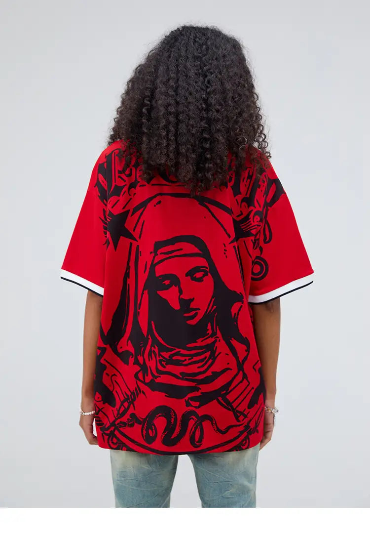 Hip Hop Streetwear Polo T-Shirt Virgin Mary Graphic T Shirt Men Polo Shirt Short Sleeve Harajuku Cotton Tops Tees Red Grey