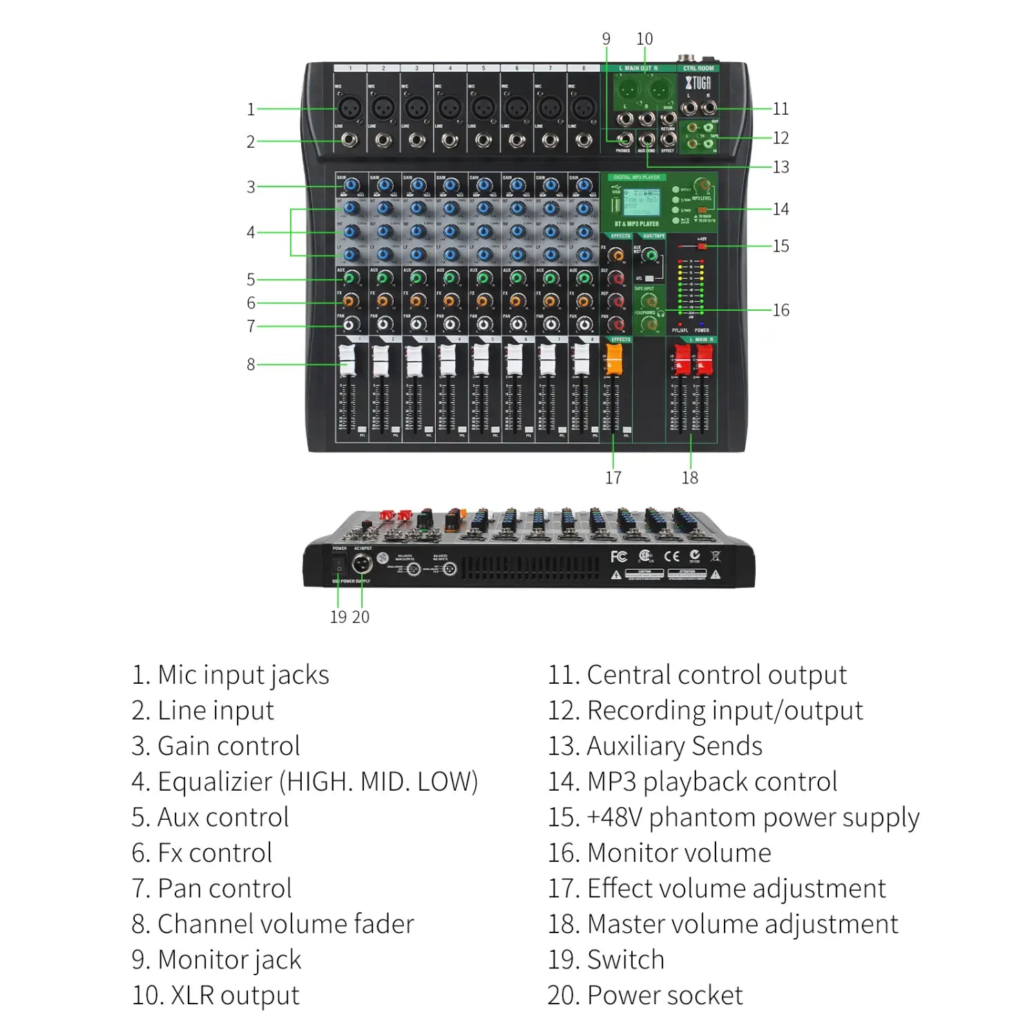 Audio Mixer CT 8 Channel Sound Board Mixing Console Audio Interface PC USB Bluetooth Phantom Digital Effect DJ Live Studio Stage