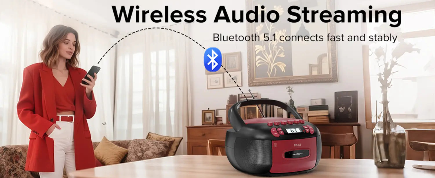 Boombox CD Cassette Player Combo: Stereo Sound AM FM Radio with Bluetooth and Remote - AUX/USB MP3/Tape Recording/Sleep Timer