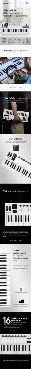 M-VAVE SMK-37 PRO 37 Key MIDI Keyboard 16 Drum Pads Sound Source 3 Octave Range Supports Wireless Connection To Multiple Systems