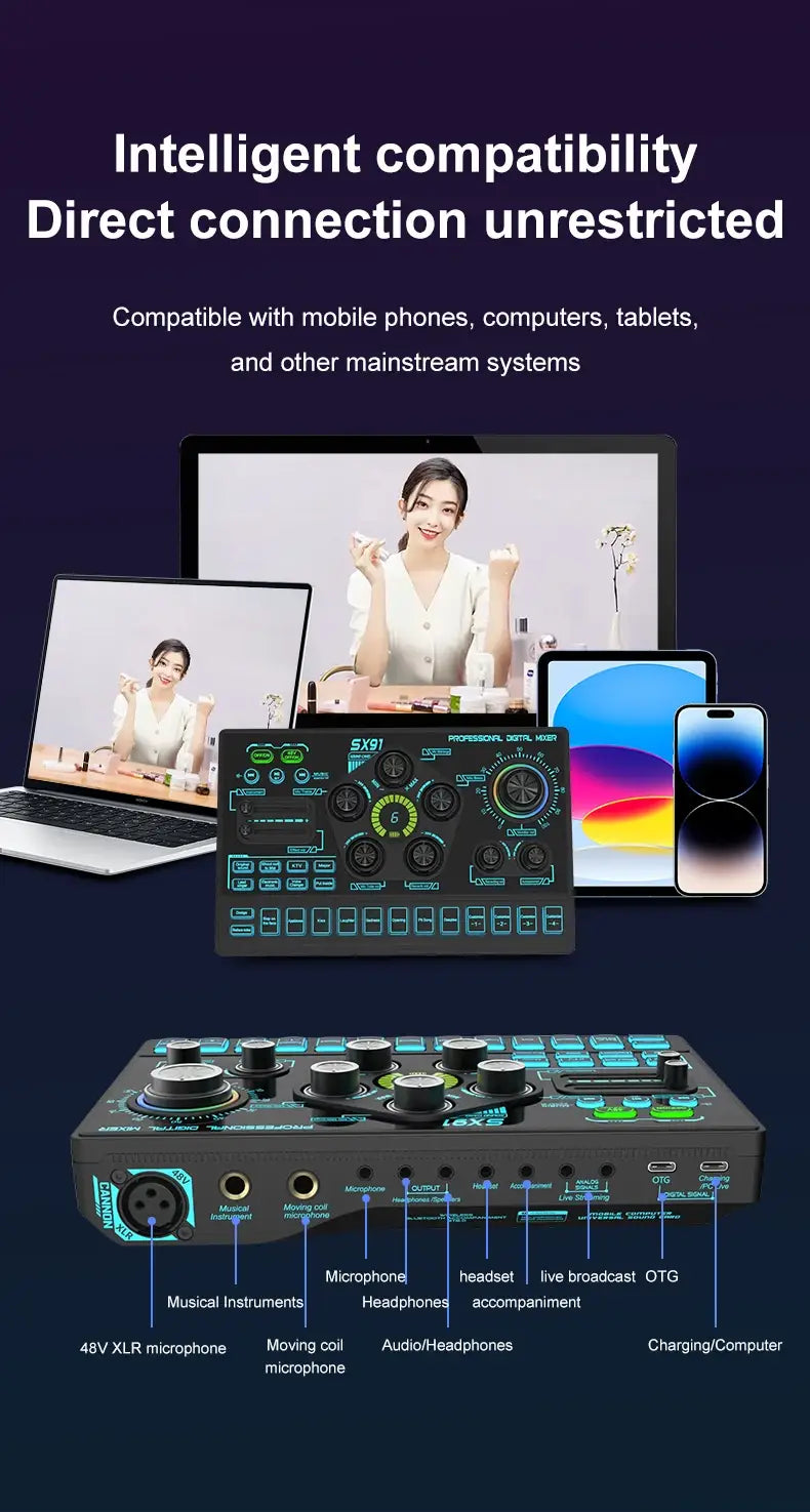 SX91 Sound Card USB Sound Mixer Professional Audio Mixing Console Amplifier For Live Sing PC Computer Laptop Cellphone