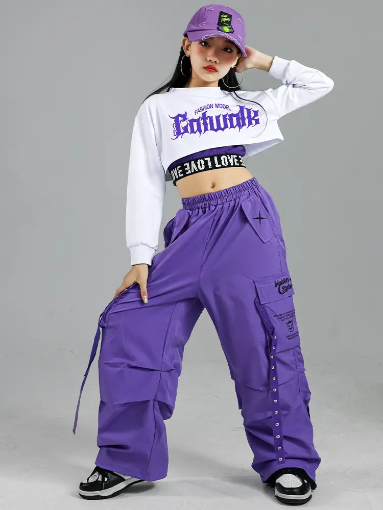 Hip Hop Girls Fashion K-pop Crop Top Purple Cargo Pants Children Street Dance Outfits Kids Streetwear Group Jazz Clothes Sets