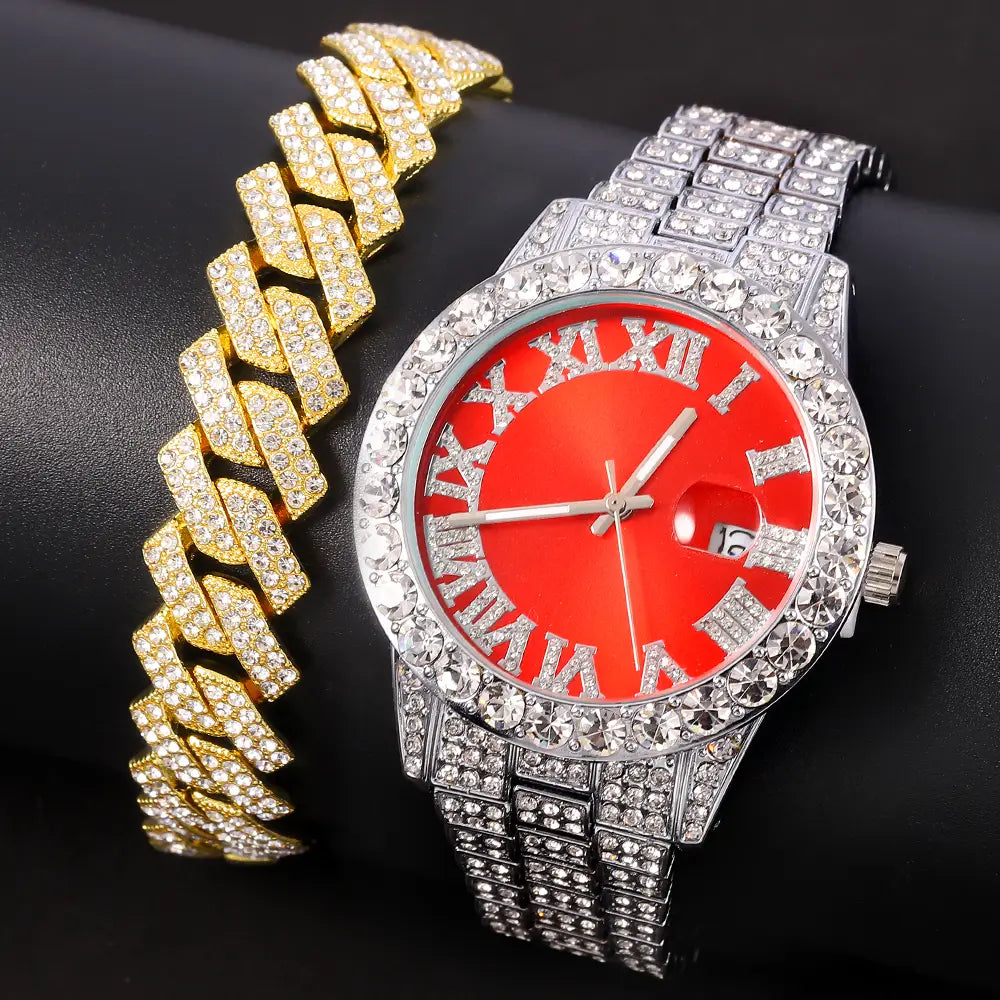 Exquisite Necklace + Watch + Bracelet Hip Hop Rapper Cuban Chain Gold Color Iced Out Paved Rhinestone Men African Jewelry Set New