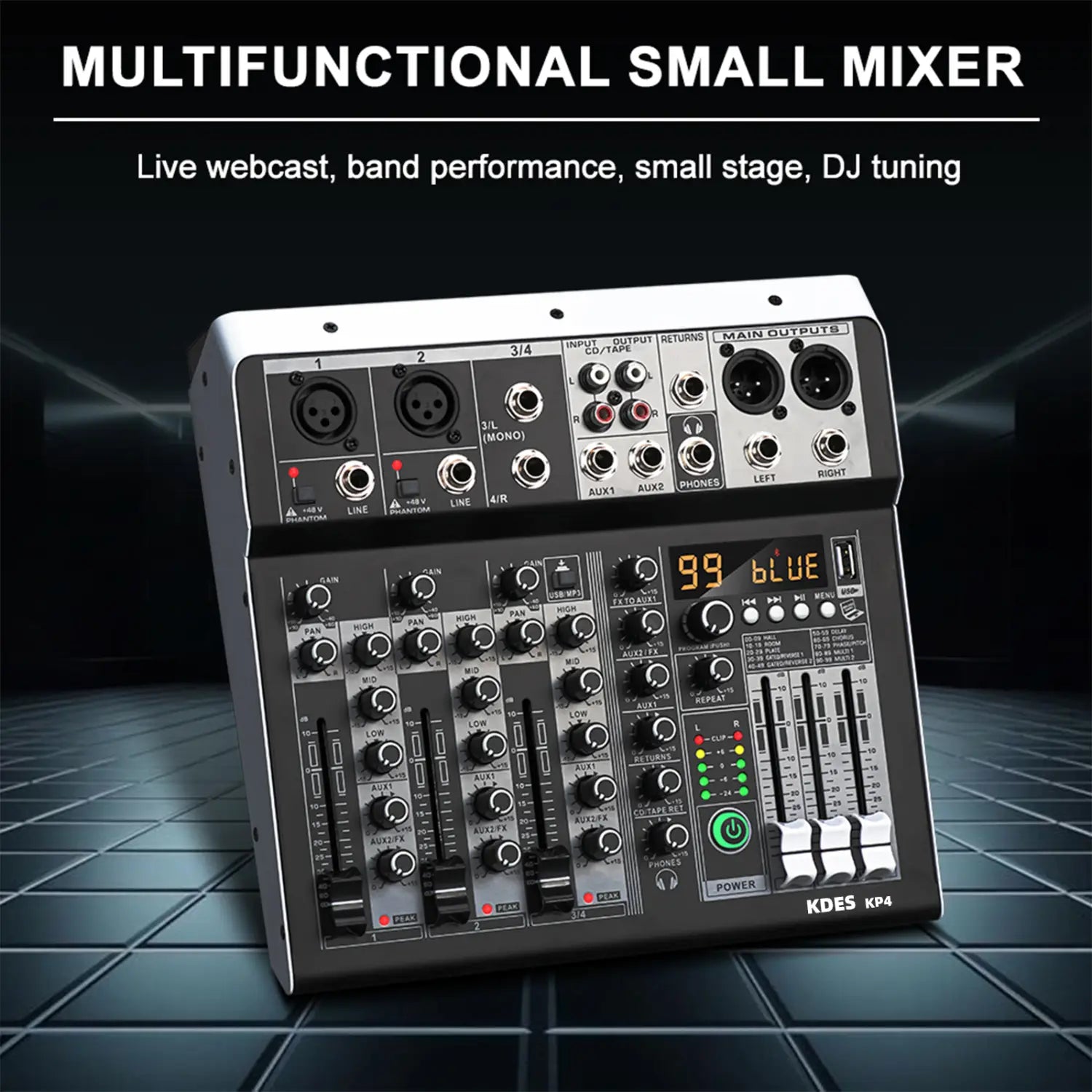 KDES KP4 Audio Mixer 4 Channel 99 DSP Effect Record PC 48V Phantom Power USB Sound Mixers Bluetooth DJ Console Mixing for Karaok