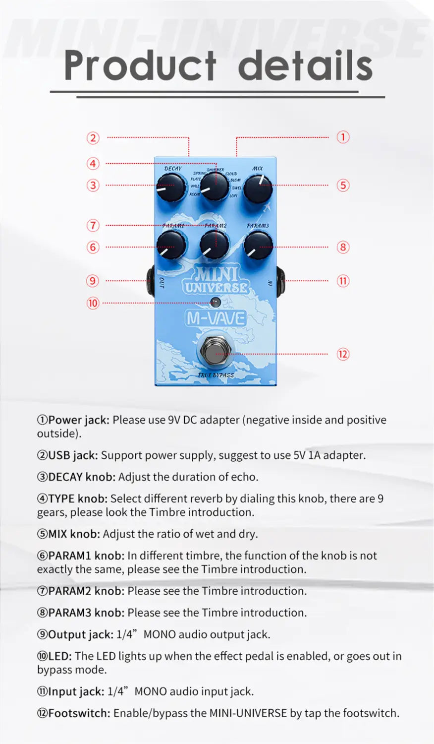 M-VAVE Guitar Effect Pedal Mini Universe Digital Reverb Pedal 9 Reverb Effects Room/Shimmer/Lofi/Spring Reveb Effect Pedals