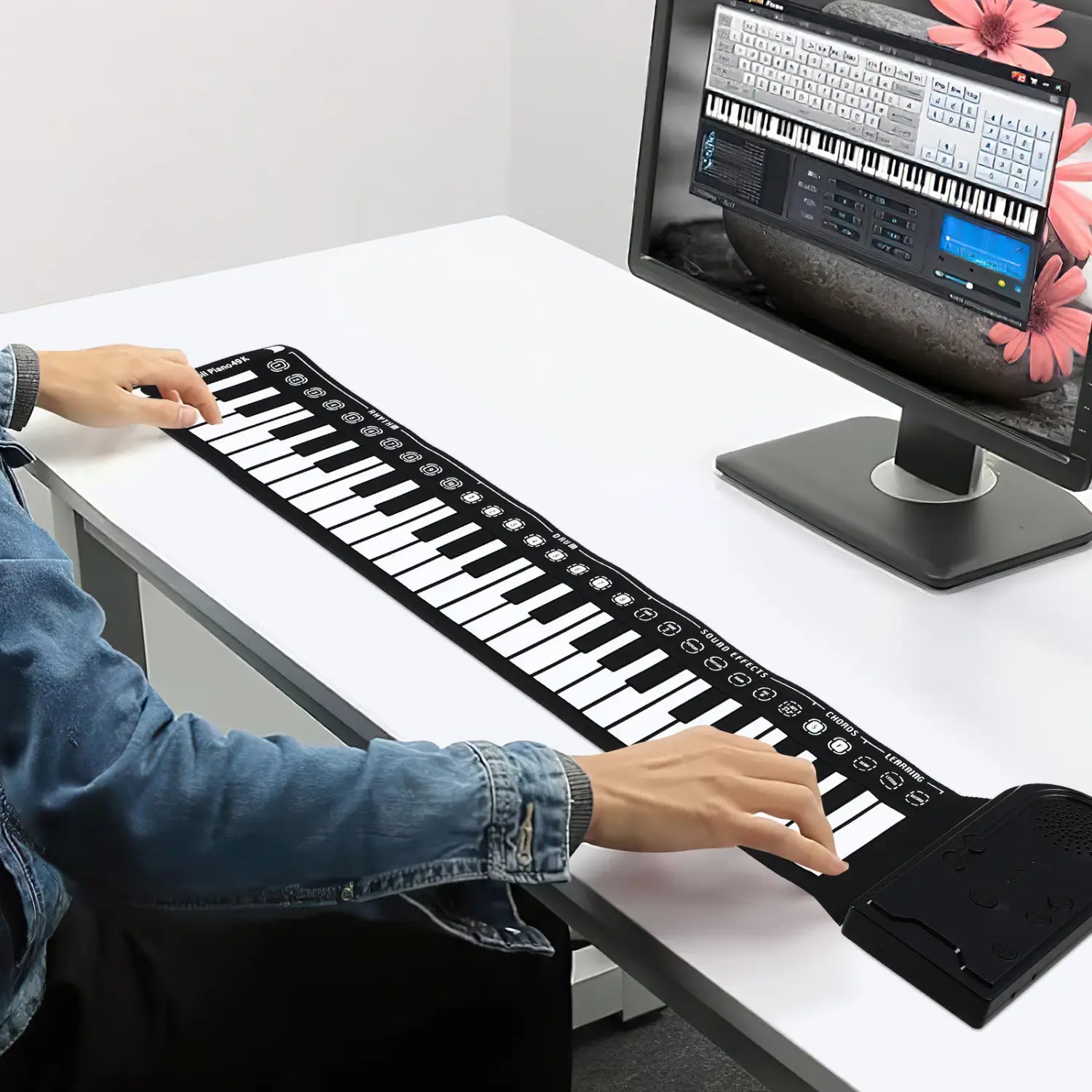 49 Keys Hand Rolled Piano Portable Digital Electronic Keyboard with Multiple Timbres Rhythm Adjustment Crisp Sound Foldable