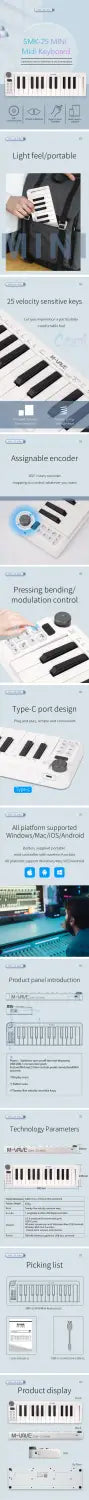 M-VAVE SMK-25mini MIDI Keyboard Rechargeable 25-Key MIDI Control Keyboard instrument Mini Portable USB Keyboard MIDI Controllers