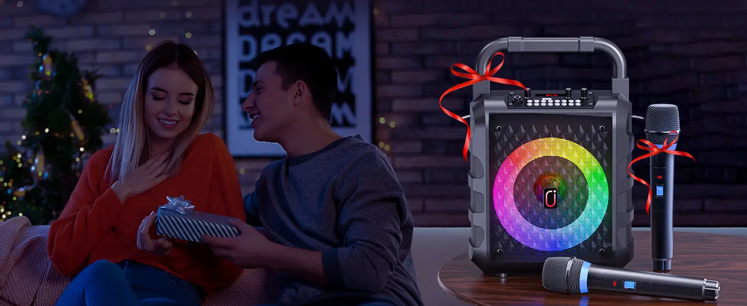 Karaoke Machine with 2 Wireless Microphones 【2025 Upgraded 20W 6.5’’Subwoofer】Portable Bluetooth Karaoke Speaker with PA System