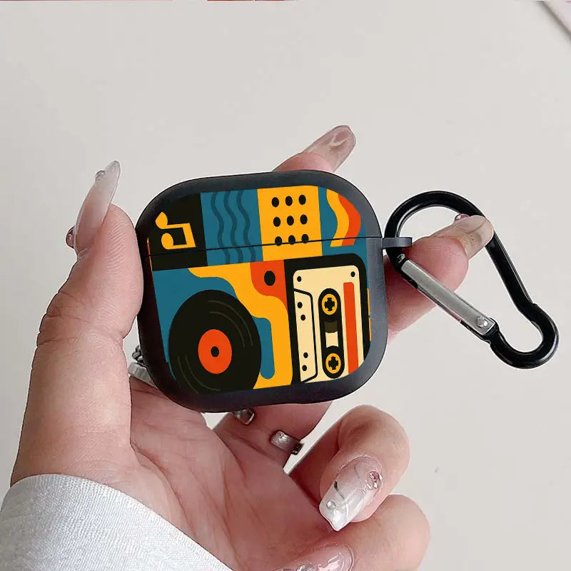 Trendy Retro Music Pattern Earbuds Case For AirPods 4/3/2/1 Case For AirPods Pro 3/Pro 2/Pro TPU Protective Cover with Keychain