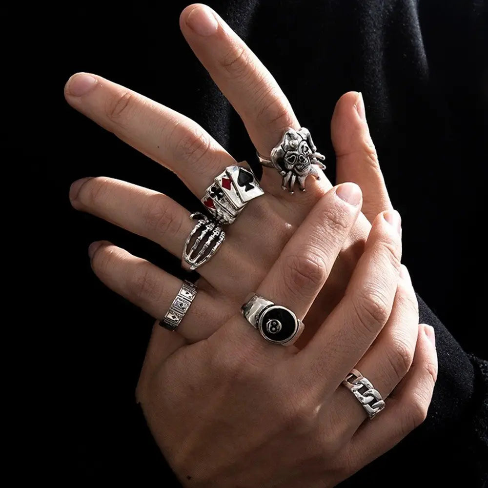 7pcs Set Punk Hip Hop Stainless Steel Men Ring Vintage Spider Bat Skull Two-headed Snake Opening Rings Jewelry Gothic Accesorios
