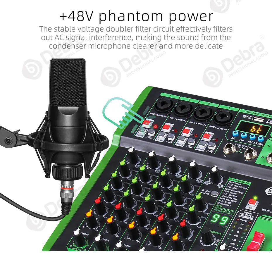 Debra DI pro Mixer Audio for Home Karaoke Live Broadcast Recording Studio with 99 DSP Digital Effects And USB MP3 Input