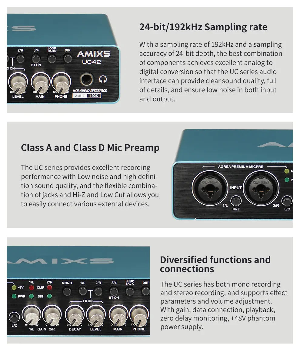 AMIXS UC42 Audio Interface for Recording Computer Free Drive USB External Sound Card for Pc Audio Equipment Professional Video