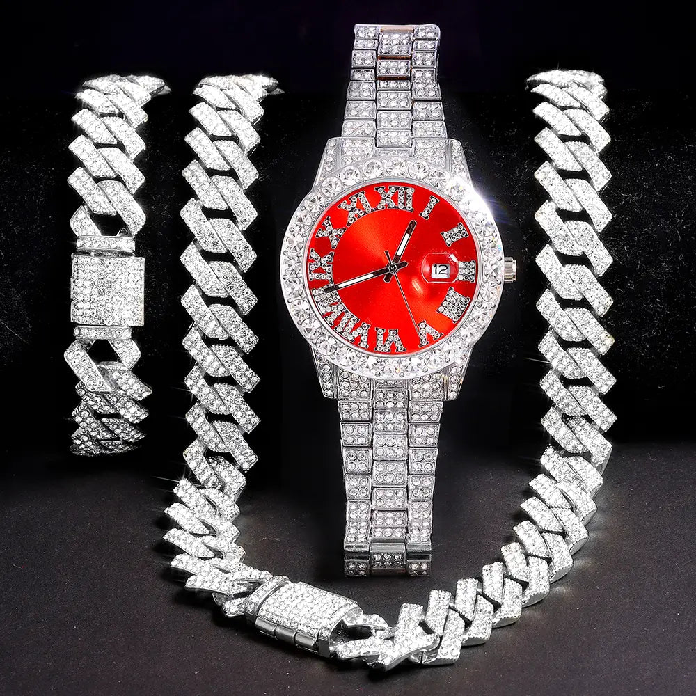 Exquisite Necklace + Watch + Bracelet Hip Hop Rapper Cuban Chain Gold Color Iced Out Paved Rhinestone Men African Jewelry Set New
