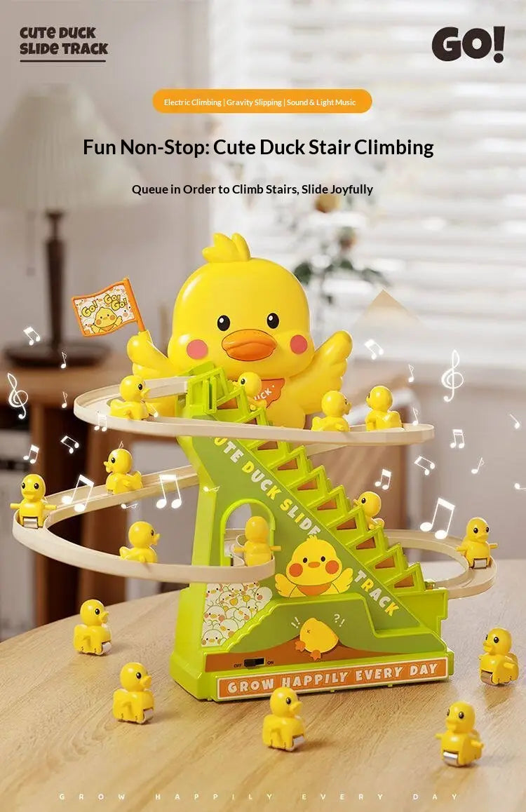 Electric Duck Climbing Stairs Toy with LED Lights & Music Roller Coaster Track Slide Parent-Child Interactive Toy for Kids
