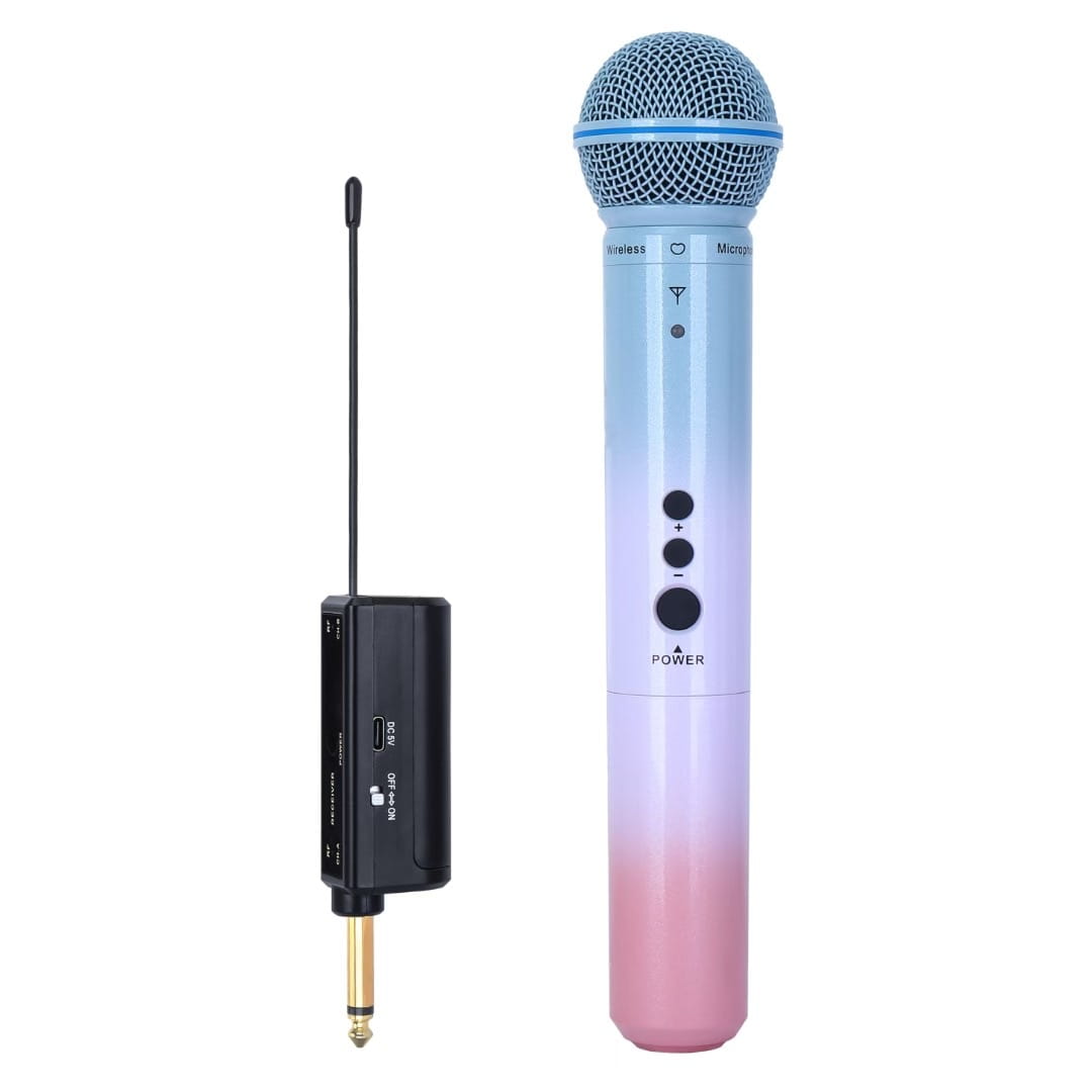 A professional dual-channel UHF wireless dynamic microphone system with a rechargeable receiver suitable for parties karaoke p