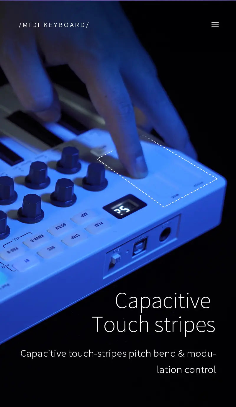 M-vave SMK-25 Mini 25 Keys Wireless / USB MIDI Keyboard Controller With 8 Backlit Drum Pads 8 Knobs and 2 Touch Stripes