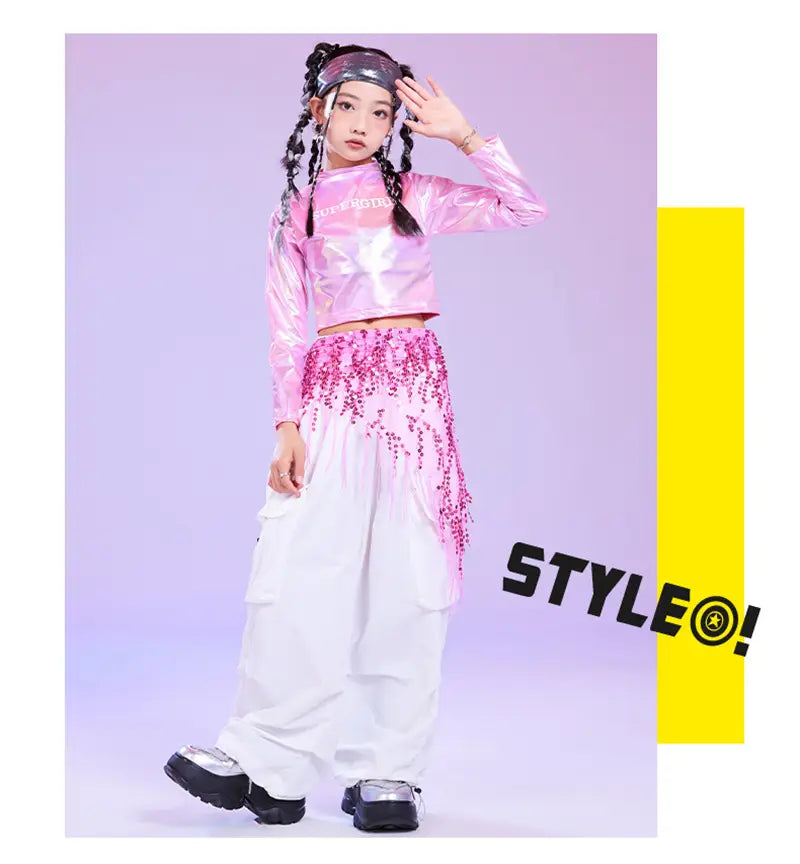 Pink Hip Hop Costume Girl Long Sleeve Laser Crop Top Shirt White Pant Sequin Hip Scarf Kids Stage Clothes Glitter Metallic Shiny
