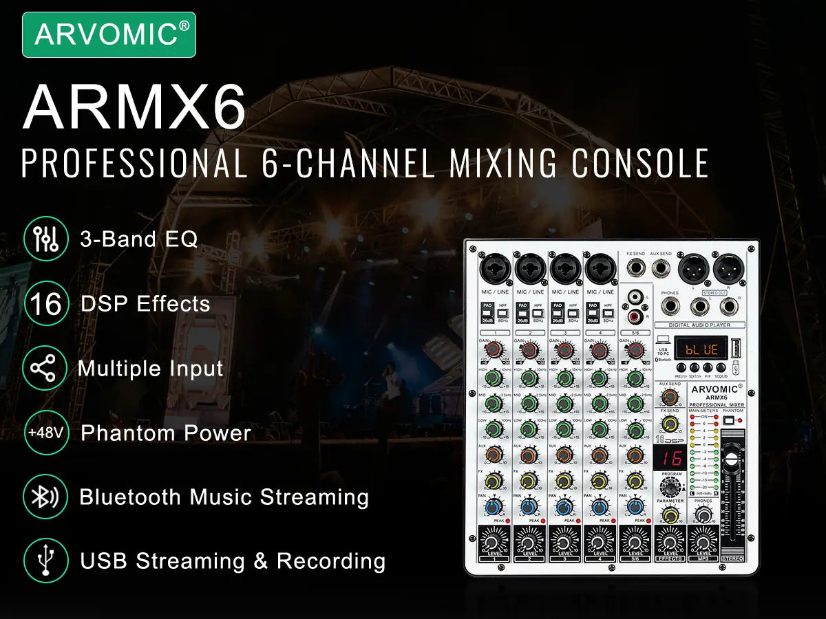 6-Channel Audio Mixer DJ Mixer with USB Audio Interface Bluetooth Function 16 DSP Effects and 3-Band EQ (ARMX-6)