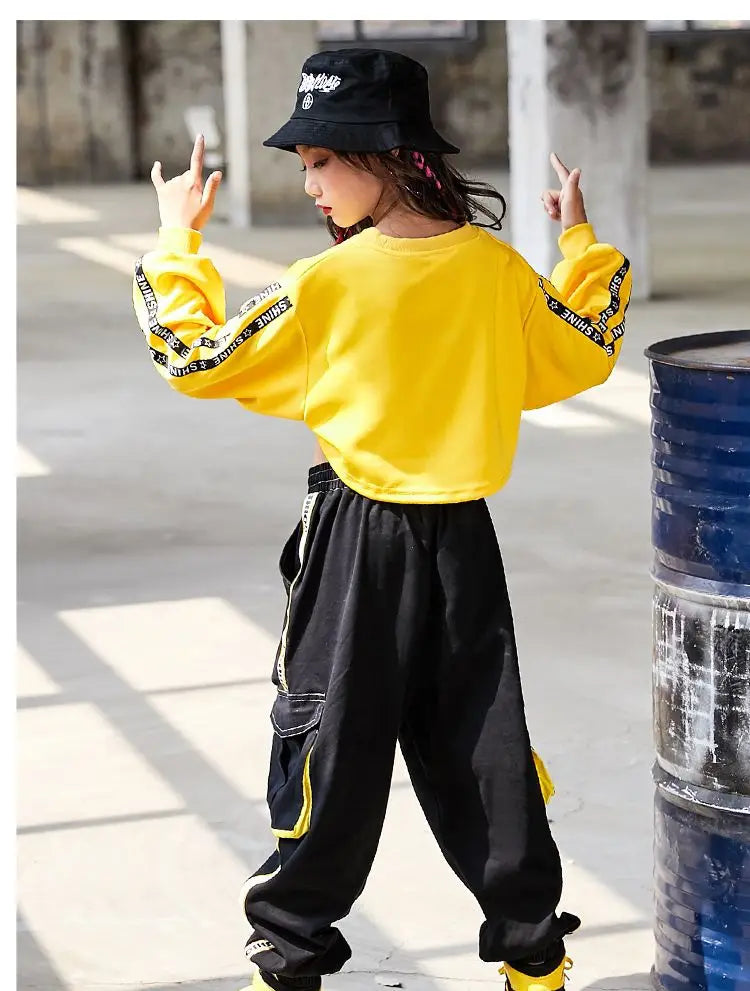 Hip Hop Girls Crop Top Contrast Street Dance Cargo Pants Children Sweatshirt Joggers Kids Streetwear Jazz Costumes Clothes Sets