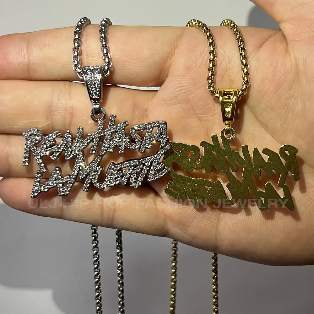 Hip Hop Street Style realhasta lamuerte Letter Bling Pendant Necklace 4mm Bling chain Iced out Bling For Rapper Cool Jewelry