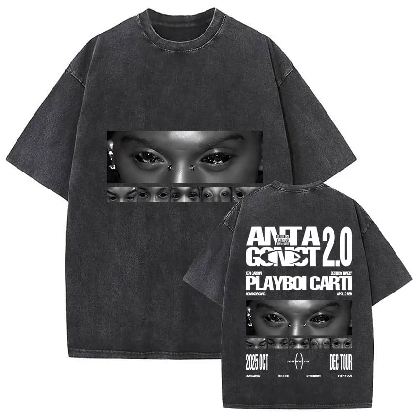 Rapper PLAYBOI CARTI ANTAGONIST Tour 2025 Merch T-Shirt Men’s Gothic Hip Hop Short Sleeve T Shirt Vintage Washed Tees Streetwear