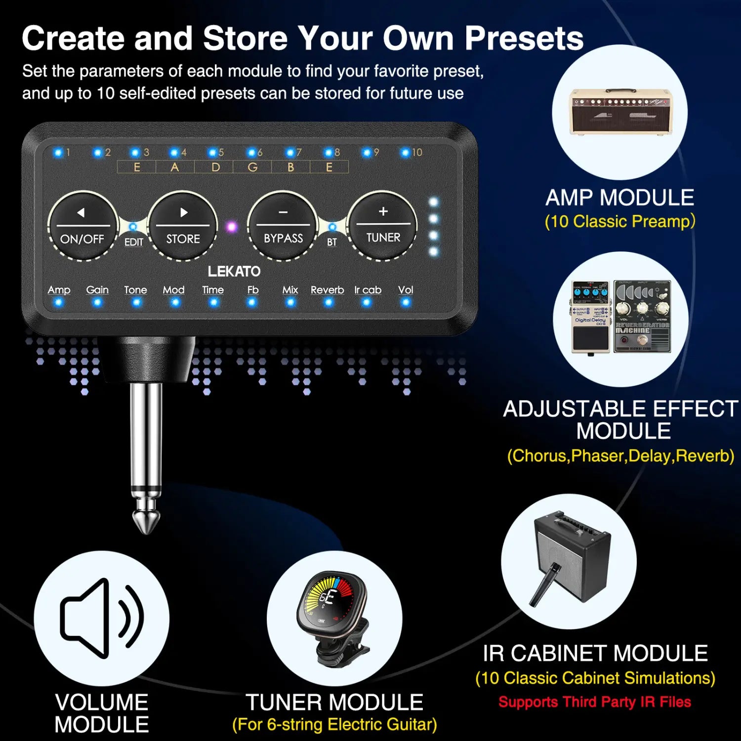 Lekato Guitar Plug Amp Pa-1 Headphone Mini Amplifier Speakers Combo Amplifier Acoustic Electric Bass Sound Pedal Board Delay H8