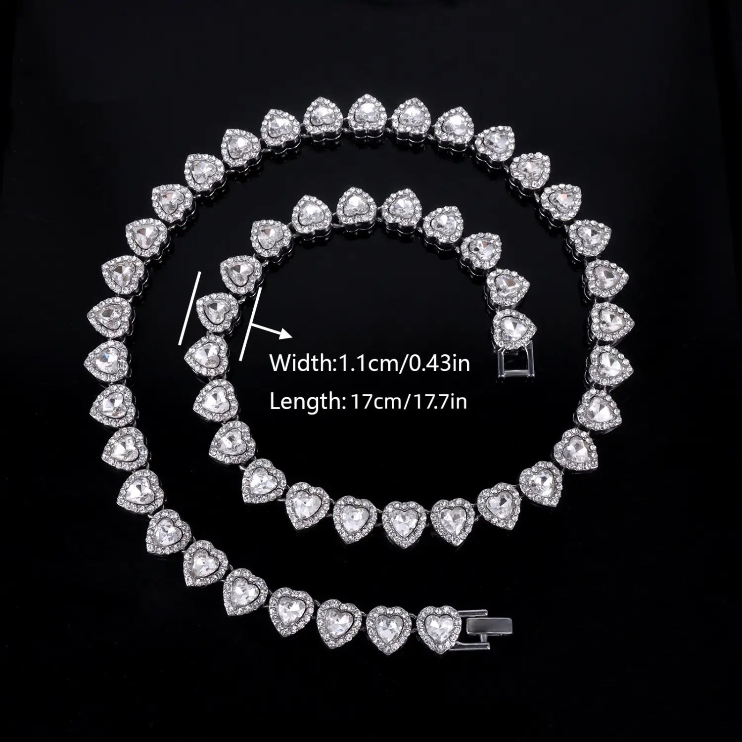 45CM New Hip Hop Tennis Chain Bracelet Necklace Shiny Heart Rhinestone CZ Fashion Rock Party Jewelry