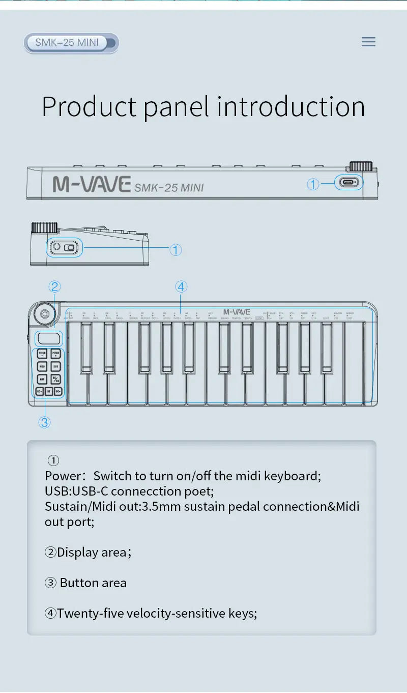 M-VAVE SMK-25mini MIDI Keyboard 25-Key MIDI Control Keyboard instrument Rechargeable Mini Portable USB Keyboard MIDI Controller