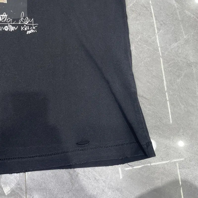 Hip Hop Letters Graffiti Vintage Washed Black Damaged Hole Paly T-Shirt Men Women Box Graphics Rhinestone T Shirt Cotton Tee
