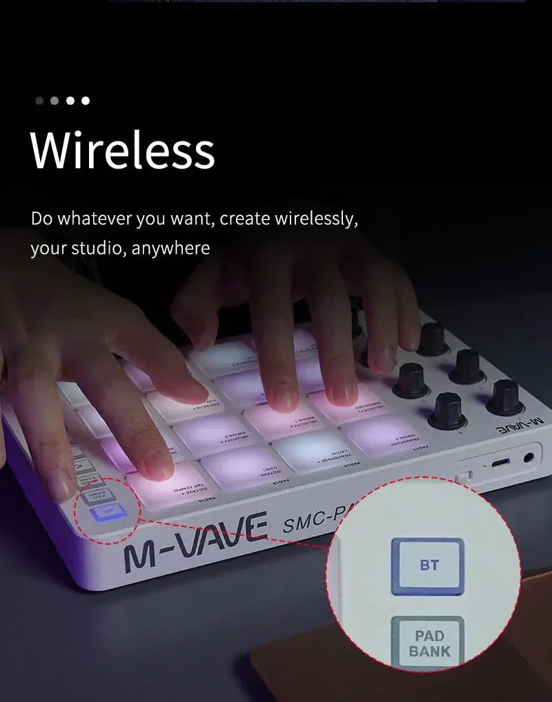 M-VAVE SMC-PAD MIDI Controller Keyboard BT Strike Pads RGB Backlight MIDI Connection Low Latency 3.5mm Output Interface Pad RGB
