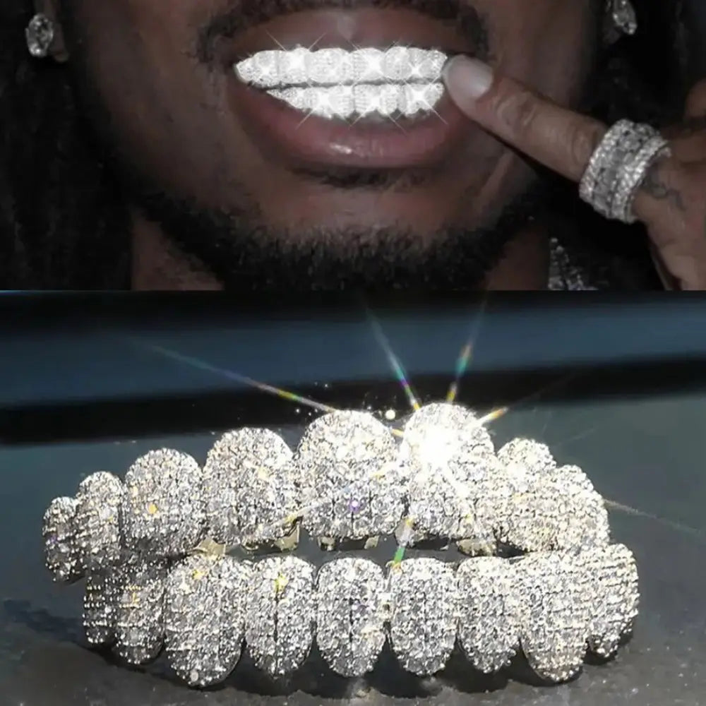 RACHELZ Hip Hop 10/10 Iced Out CZ Stone Teeth Grillz Punk Rapper Cubic Zirconia Tooth Caps For Women Men Jewelry Christmas Gift