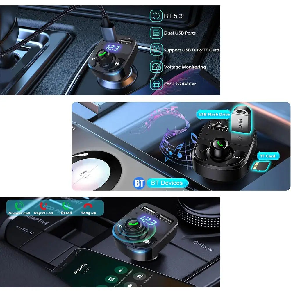 Wireless Bluetooth FM Transmitter & MP3 Player With Hands-Free Calling Radio Receiver Dual USB Charger & Music Stereo Adapter