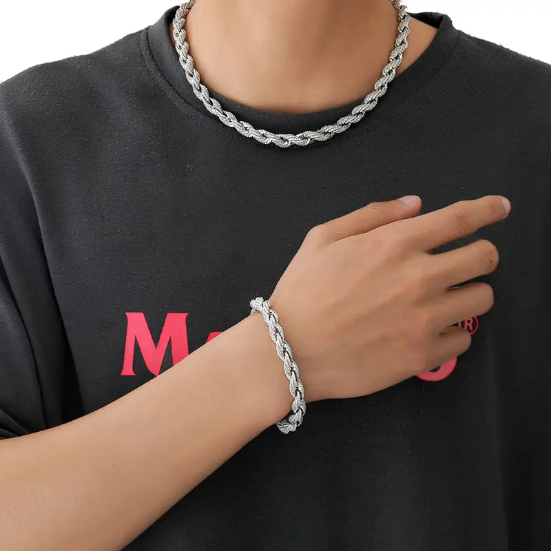 HIP Hop Full CZ Stone Paved Bling Iced Out 8mm Twist Rope Chain Chokers Necklace for Men Rapper Jewelry Gold Silver Color