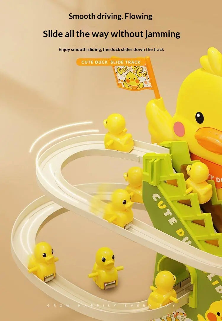 Electric Duck Climbing Stairs Toy with LED Lights & Music Roller Coaster Track Slide Parent-Child Interactive Toy for Kids