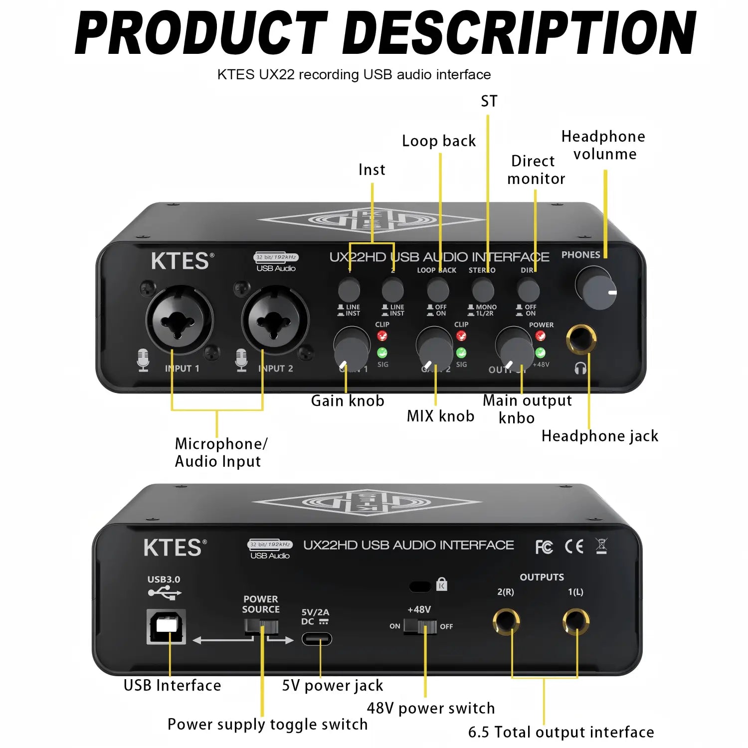 UX22 Audio Interface 192kHz 32-Bit USB Sound Card for Studio Recording Live Streaming Podcast DAW Music Production & YouTube