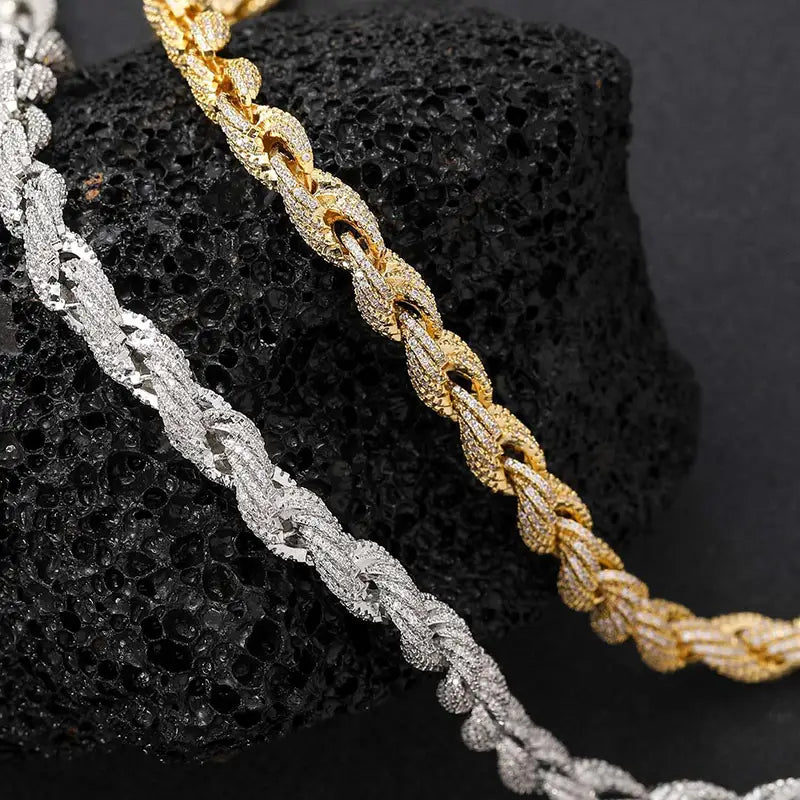 HIP Hop Full CZ Stone Paved Bling Iced Out 8mm Twist Rope Chain Chokers Necklace for Men Rapper Jewelry Gold Silver Color