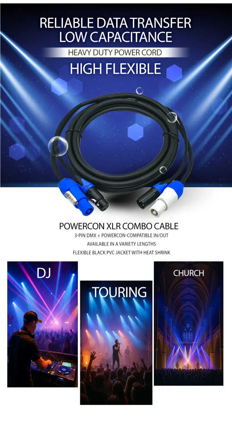 Powercon DMX Combo Connect Cable 1.5m 1m 2m 3m 5m 3 Pin XLR & Power con Compatible Combi Cable for Moving Heading Lighting