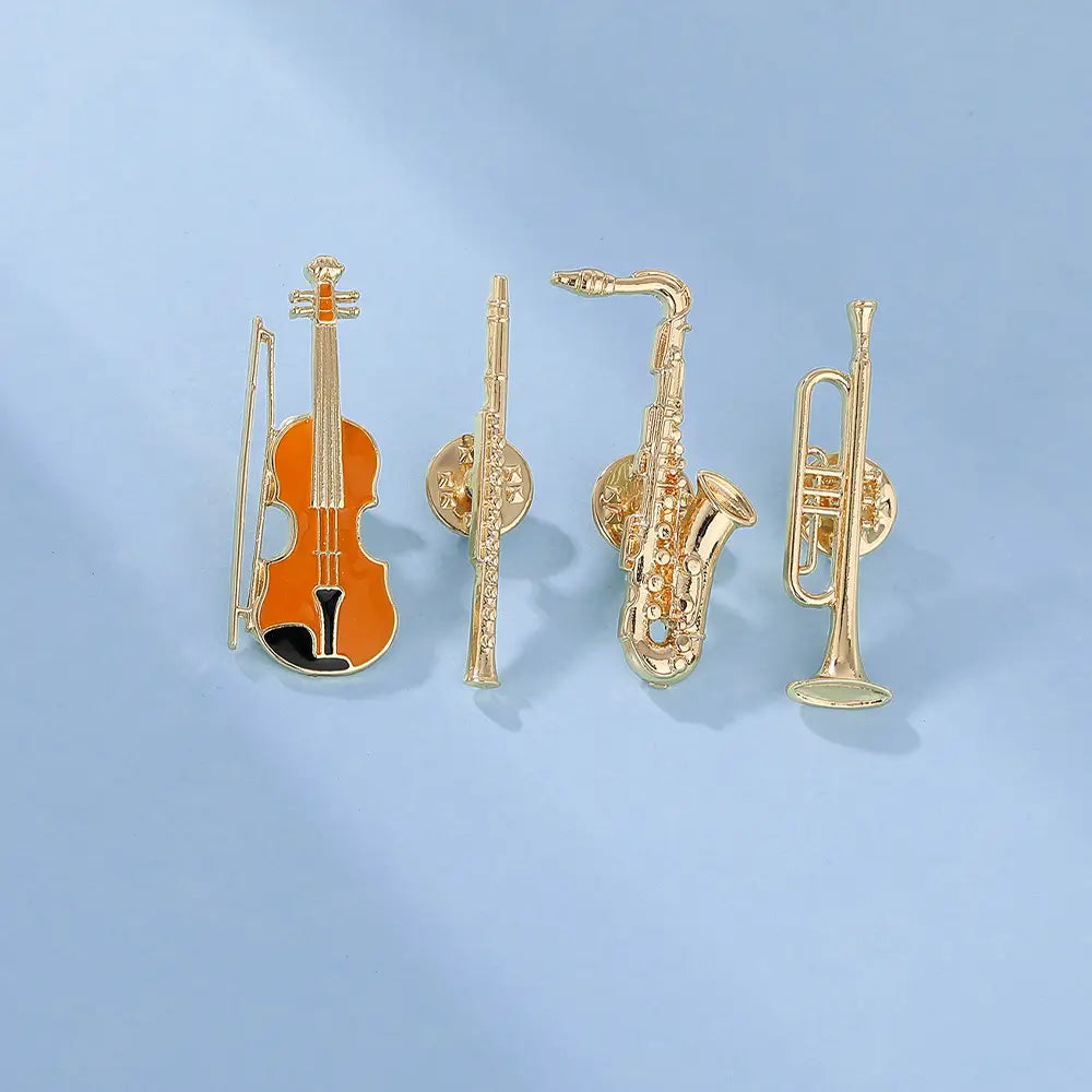 Funny Musical Instruments Enamel Brooches Trumpet Clarinet Saxophone Violin Shaped Golden Pins Symphony Orchestra Badge