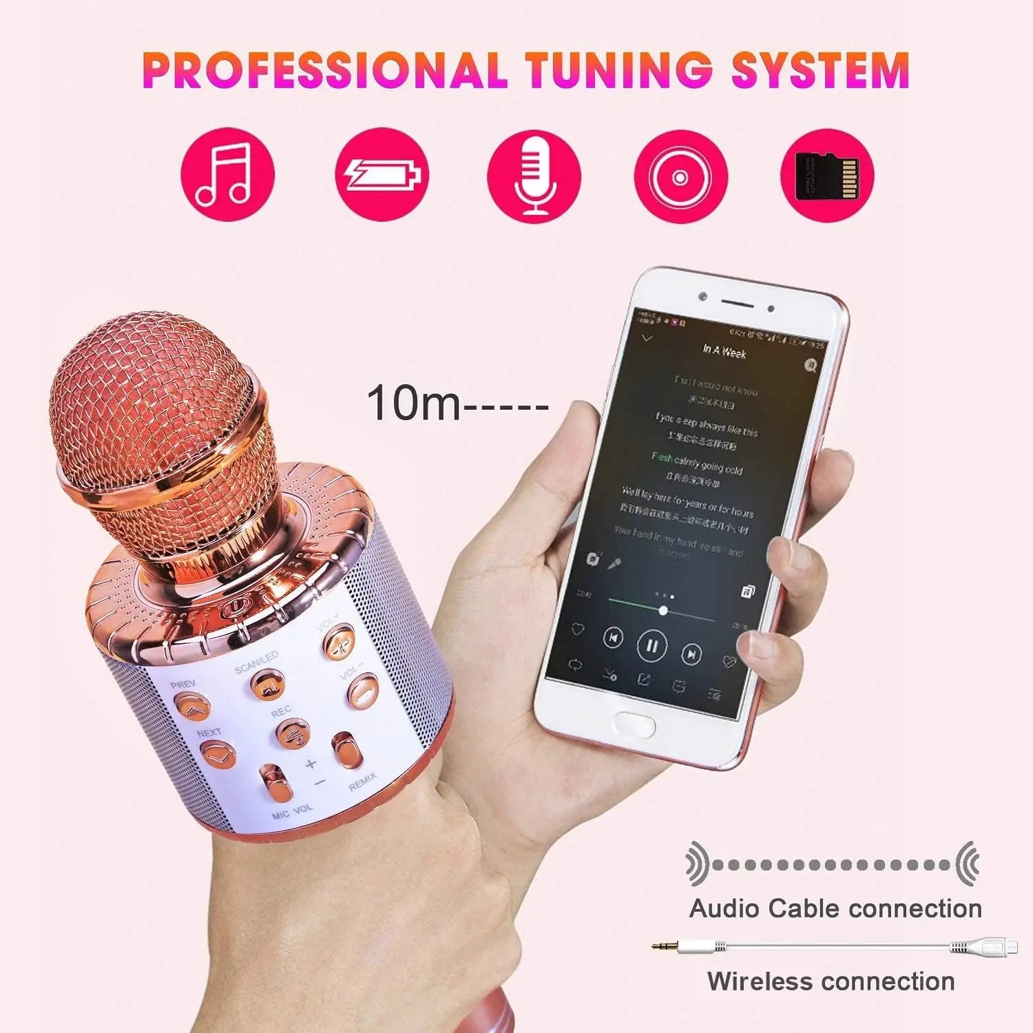 LED Karaoke Microphone Wireless Mic with 5 Light Modes and 4 Voice-Changing Modes Bluetooth Speaker Compatible with Smartphone