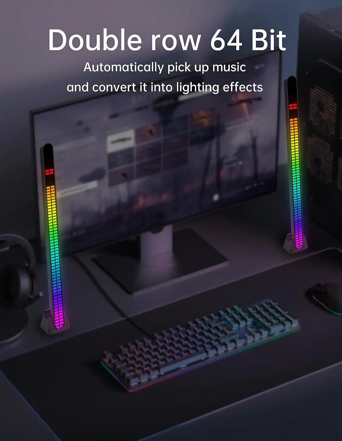 30CM Double-row 64bit RGB PickUp LED Bar Voice Controlled Light Rechargeable Magnetic Music Rhythm Light Car Atmosphere Lighting