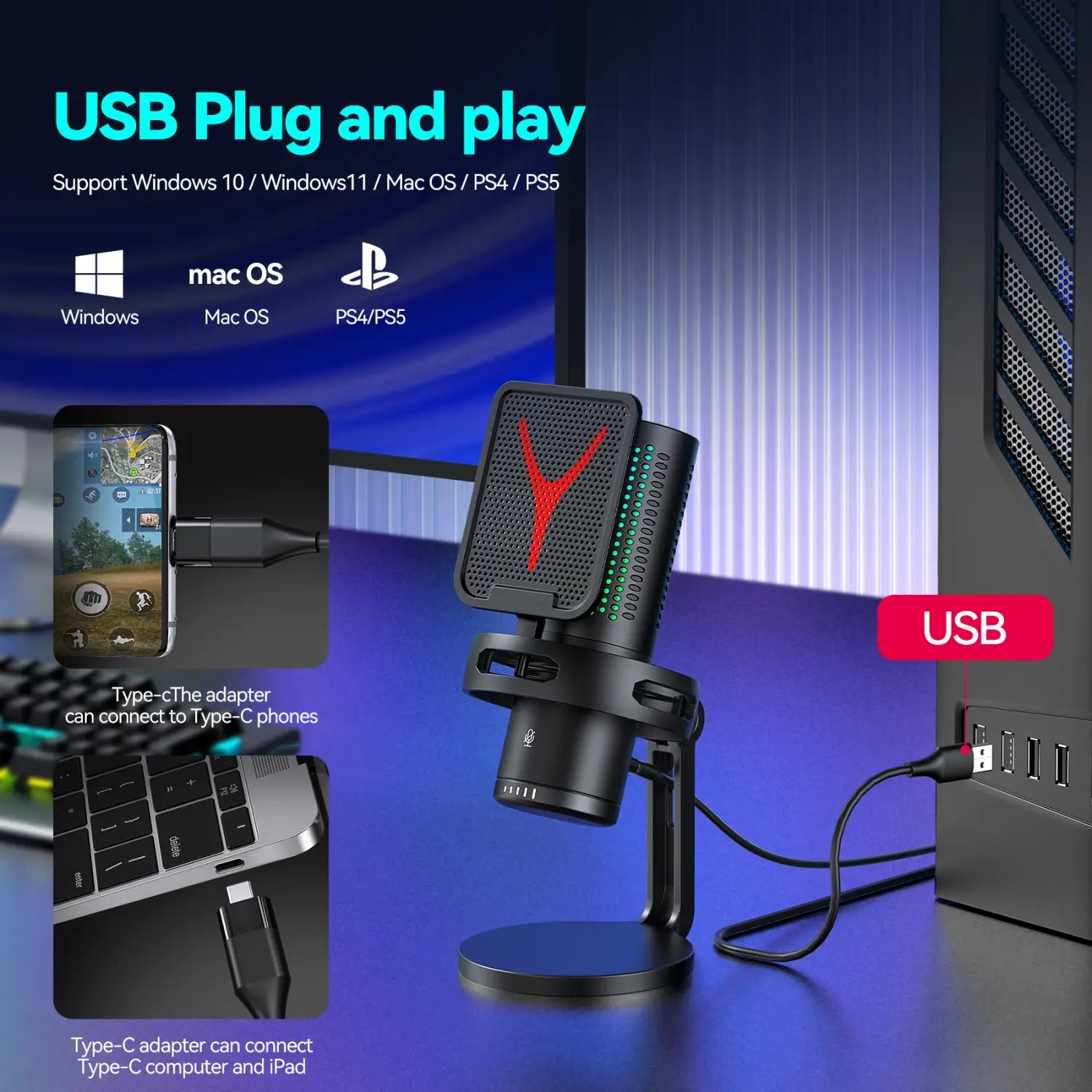 Computer Professional Gaming Condenser Microphone Karaoke Mic PC Laptop USB Wired Live Streaming Podcast Studio Mike Kit Gamer