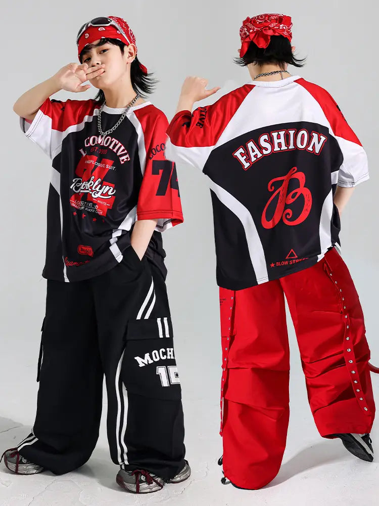 Hip Hop Boys Contrast T-shirt Red Vest Cargo Pants Girls K-pop Street Dance Clothes Sets Kids Jazz Costumes Children Streetwear