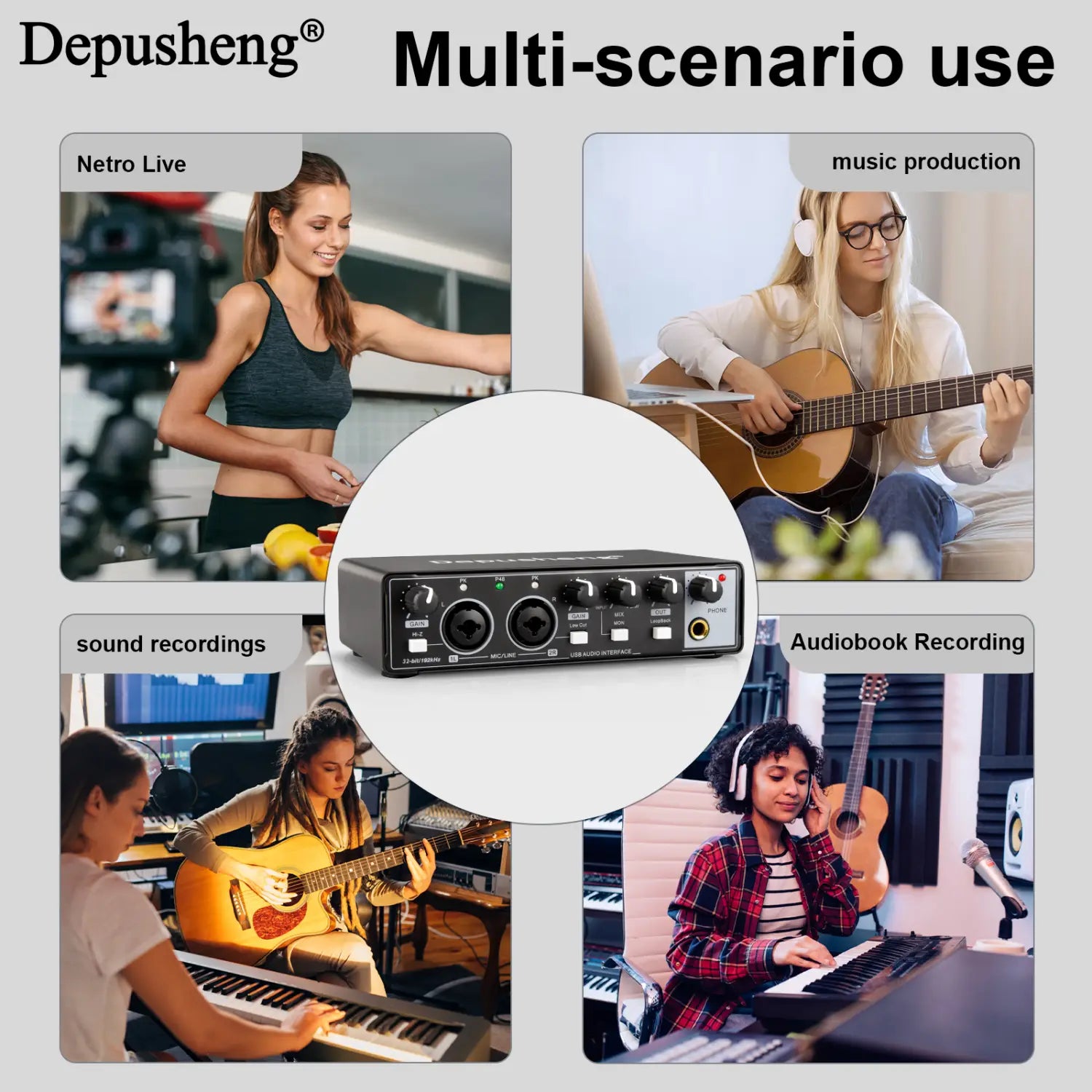 Audio Interface Depusheng MD22 USB 3.0 Sound Card with Monitoring Electric Guitar Live Recording For Studio Singing Micro