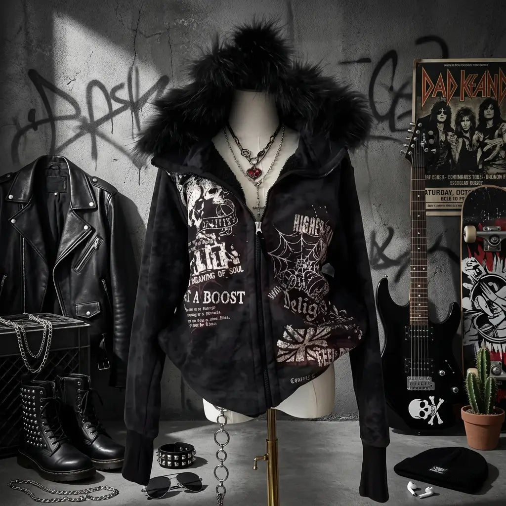 Harajuku Hip Hop Rock Street Men Women Black Fur Collar Zip Up Hoodie Skull Letter Flag Print Hoodie Gothic Trendy Casual Hoodie